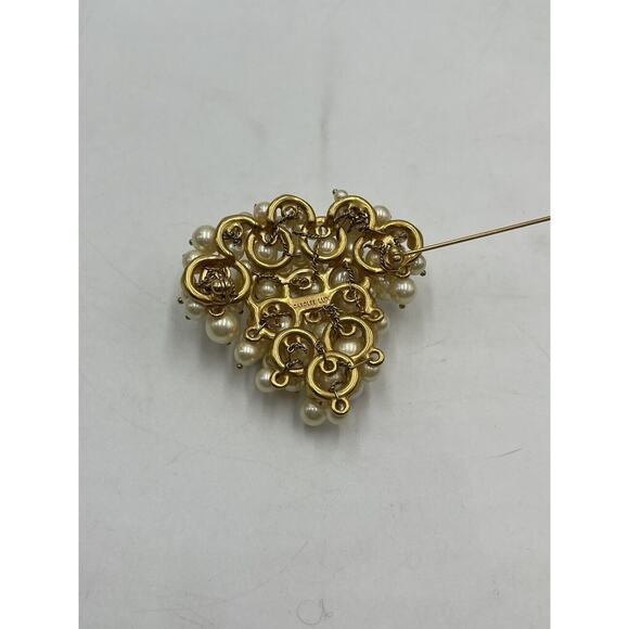 Carolee Vintage Signed Lux Gold Tone Lg Cluster Faux Pearl Crystal Heart Brooch - Picture 7 of 9